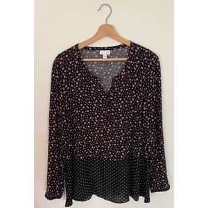 J. Jill Black Floral/Polka Dot Top Sz L